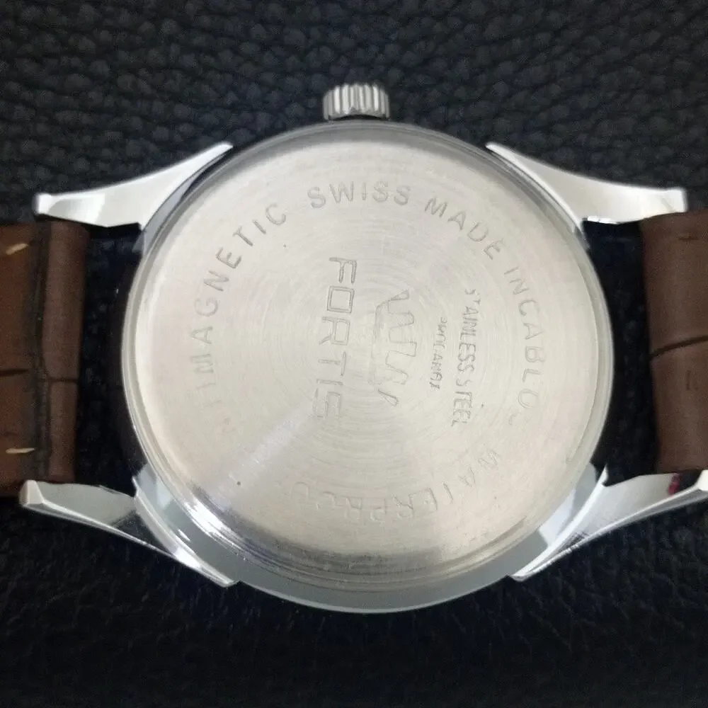 Vintage 1976 Fortis Manual Mens Silver Watch W/Leather Strap & Red accents